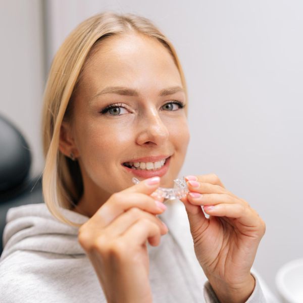 close up of girl holding clear aligners while sitting in a dentist chair