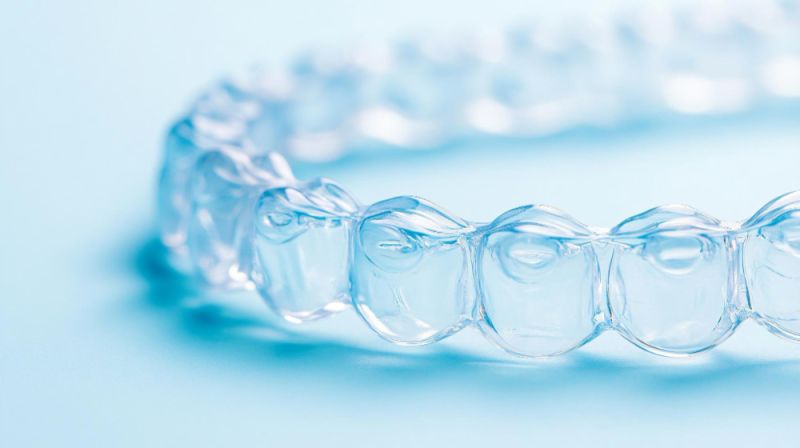 a clear aligner on a blue background