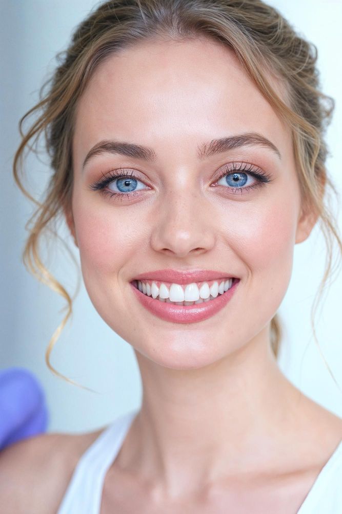 portrait shot of a woman with blue eyes and blonde hair smiling at the camera