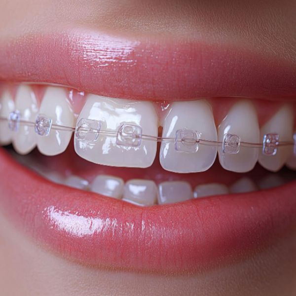 Closeup of a smiling mouth with clear braces